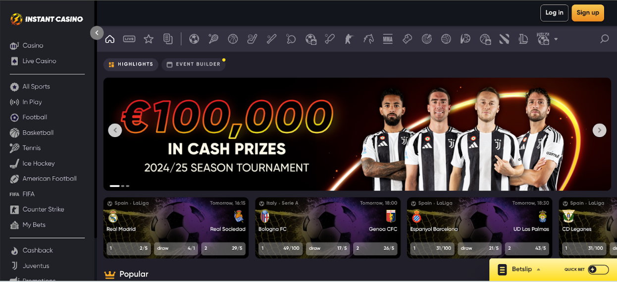 Homepage of Instant Casino showing €100,000 cash prize tournament with Juventus players and highlighted football betting odds. Instant Casino sports lobby with Juventus stars and €100K promo