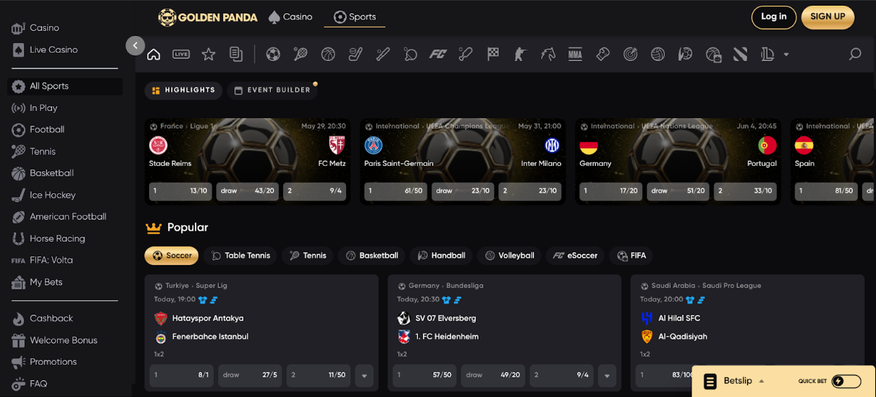 Golden Panda Casino sports interface with soccer odds for Reims vs Metz and multiple international matchups under a golden interface. Golden Panda sportsbook with dark gold theme and live football betting