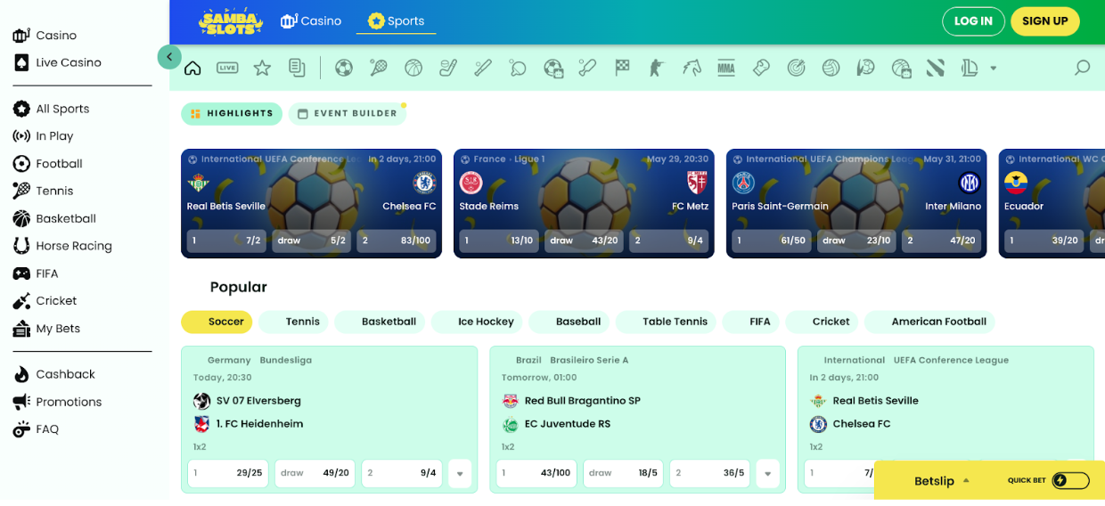 Samba Slots sports betting screen with vibrant green-blue theme, highlighting Real Betis vs Chelsea and various international fixtures. Samba Slots pastel sportsbook interface with UEFA match highlights